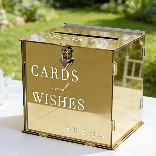 Acrylic Gold Card Box with Slot & Lock, Metallic Golden Classy Wedding Card Boxes for Reception, Large Money Gift Cards Box for Party Engagement Bridal Shower Luxury Wedding Table Decor - Image 4