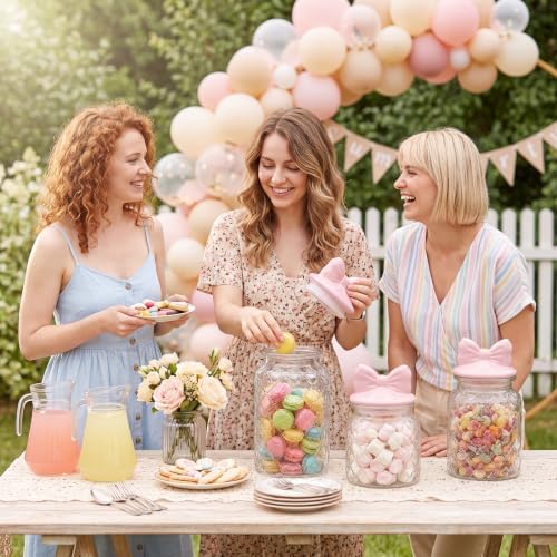 Potchen 3 Set Pink Bow Candy Glass Jars with Ceramic Lid Pink Mason Jars 44oz 34oz 22oz Cute Clear Gridding Cookie Storage Canister for Summer Party Baby Shower Tea Snacks Sugar - Image 6