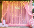 Pink Tulle Backdrop Curtains with Lights String for Parites 20ft×8ft Pink Sheer Backdrop Curtains for Baby Shower Girls Bridal Shower Birthday Party Photo Shoot Decorations(4 Panels 5×8ft) - Image 2