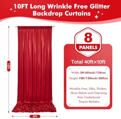 40x10ft Shimmer Red Sequin Backdrop Curtain for Parties, Thick Wrinkle Free Glitter Backdrop Drapes Photo Back Drop Curtains for Birthday Wedding Party Photography Background-6 Panels 5x10ft - Image 5
