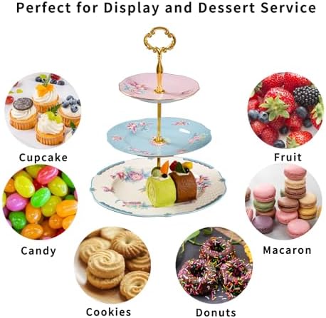 3 Tier Cupcake Stand, Bone China Tiered Tray Stand, Floral Dessert Cake Stand, 3 Tier Serving Tray with Gold Rod and Gold Trim, Porcelain Cupcake Tower Stand for Tea Party Birthday Party - Image 7