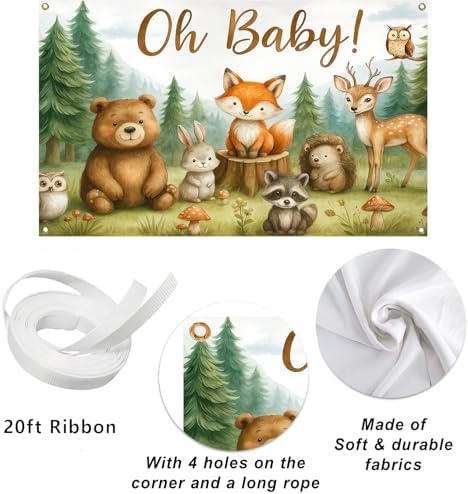 Oh Baby Woodland Baby Shower Backdrop - 10x8ft Gender Neutral Forest Animal Background for Boys Girls, Rustic Baby Shower Party Decorations, Watercolor Animal Banner for Wall Decor - Image 5