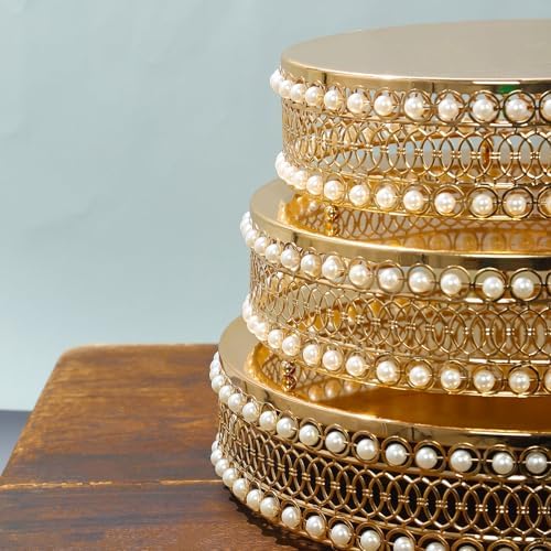 3 Gold Pearl Beaded Metal Cake Stands Mirror Top Wedding Party Events Reception Catering Home Decorations Supplies - Image 3