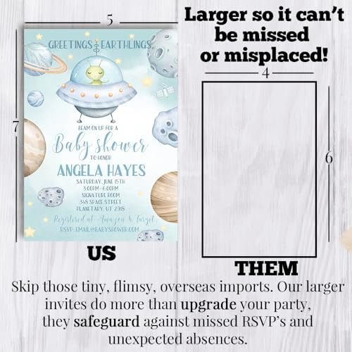 Amanda Creation Alien Outer Space Baby Shower Invitations for Boys, Space Themed Baby Shower Invitations, 20 Personalized 5x7 Double-Sided Cards with White Envelopes, Made in USA - Image 7