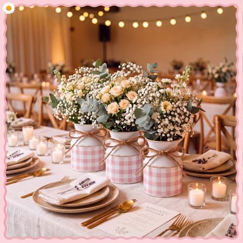 Domensi 6 Pcs Farmhouse Metal Flower Vase, Pink Gingham Table Centerpiece - Image 6