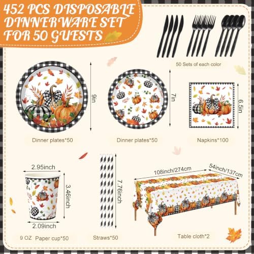 Ceenna 452 Pcs Fall Pumpkin Party Supplies for 50, Black Buffalo Plaid Pumpkin Leaves Paper Plates Napkins Cups Tablecloth Cutlery Straw Disposable Tableware for Thanksgiving Autumn Harvest Decoration - Image 2
