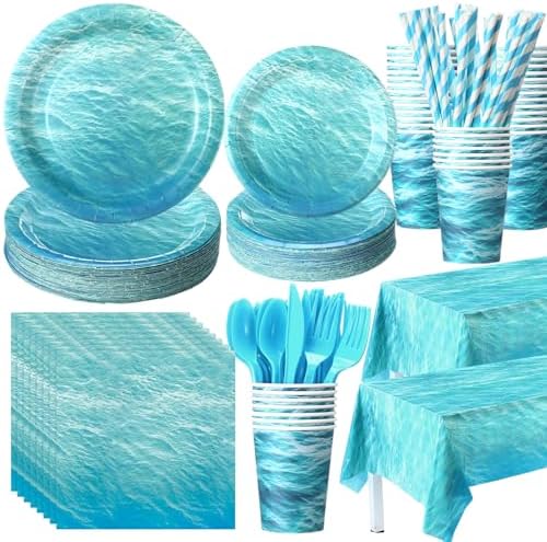 Funnymoom 452 Pcs Ocean Sea Birthday Party Decorations Include Ocean Waves Paper Plates Napkins Cups Tablecloth Cutlery Straws Sea Theme Party Supplies for Birthday Baby Shower by Funnymoom