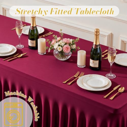 4 Pack Burgundy Table Cloth for 8 Foot Rectangle Tables Spandex Fitted Tablecloth 8ft Stretch Table Covers Skirt Burgundy Banquet Tablecloths Wrinkle Free Tablecloth for Party Wedding Birthday Event - Image 7
