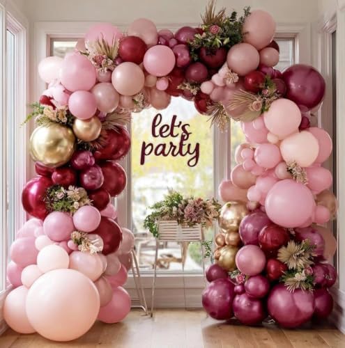 Burgundy Pink Balloon Garland Double Stuffed Pastel Light Pink Gold Balloon Arch Kit With Long Balloons for Birthday Graduation Bridal Wedding Baby Shower Party Decorations - Image 2