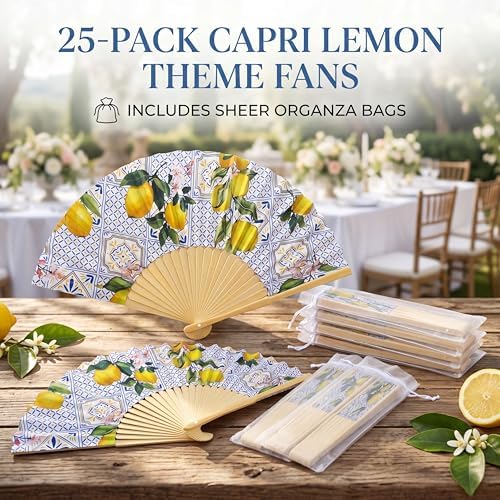 Vercraft 25 Sets Lemon Folding Fans, Wedding Favors for Guests with Bags - Image 6