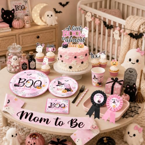 A Little Boo Is Almost Due Baby Shower Decorations - Pink Halloween Baby Shower Decorations for Girl Includes Plates,Napkins,Banner,Balloon Arch for Halloween Birthday Party - Image 4