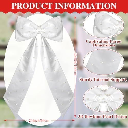 Giant White Bow with Pearl Wedding Wall Decor 40 x 24 Inch Oversized Coquette Large Bow Satin Ribbon Tie for Wedding Room Backdrop Decorations Birthday Party Holiday Supplies Outdoor Decor - Image 3