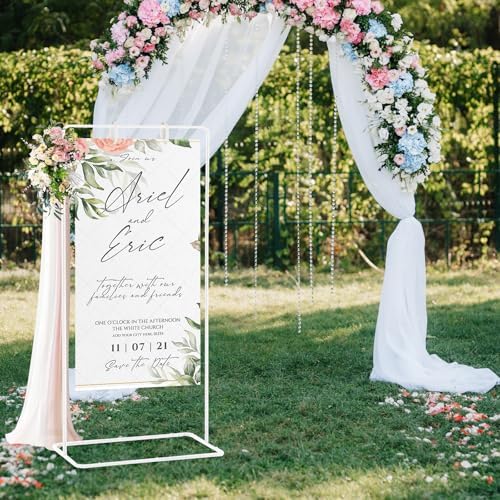Meiqi Adjustable Wedding Welcome Sign Stand with 4 Leather Hanging Straps, Ground Stakes & Weight Bag - Large Easel for Wedding Signs, Posters, Banners - Perfect for Outdoor Events, Baby Showers (White) - Image 2