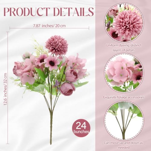 Tigeen 24 Bundles Peonies Artificial Flowers Faux Roses, Gray Purple - Image 2