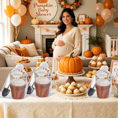 24 Sets Little Pumpkin Baby Shower Favor Kit, Mini terracotta-colored plastic flower pots with Seed Envelopes, Organza Bags, Thank You Tags, Jute Twine, Mini Garden Shovels, Fall Pumpkin Themed Plant - Image 7