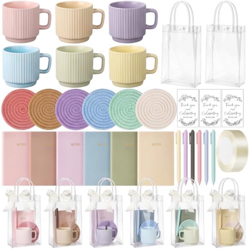 36 Pcs/6 Sets Baby Shower Prizes for Winners Include Ceramic Mugs with Spoons Woven Coasters Notebooks with Pens Clear PVC Gift Bags for Bridal Shower Party Favors(Morandi) by Acellegic
