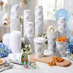 Funnymoom 100 Pieces Blue Floral Disposable Paper Cups with 120 Lids 12 oz Coffee Blue and White Herb Beverage Coffee Cups for Spring Wedding Baby Bridal Shower Tea Party Baby Shower - Image 6