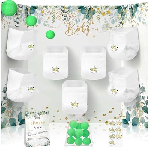 Ctosree 31 Pieces Greenery Baby Shower Diaper Game 1 Diaper Baby Shower Game Board 7 Diapers 10 Plastic Balls 1 Organza Bag for Bridal Games Boy Girl by Ctosree
