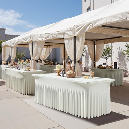 NSSONBEN 2 pk Ivory Spandex Tablecloth for 8 Foot Rectangle Tables,Wrinkle Free High Stretch Cream Fitted Tablecloths with Ruffle Skirt, Elastic Spandex Table Covers 8ft for Parties Weddings Banquet - Image 6