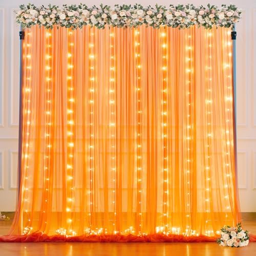 Orange Tulle Backdrop Curtain with Lights String for Parites 10x10ft Sheer Backdrop Curtains Drapes for Birthday Party Baby Shower Wedding Ceremony Prom Halloween Photo Booth Background Decorations by Suppromo