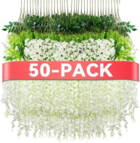 Alotiki White Wisteria Hanging Flowers, 50 Pack Fake Hanging Flowers by CreateABetterLife