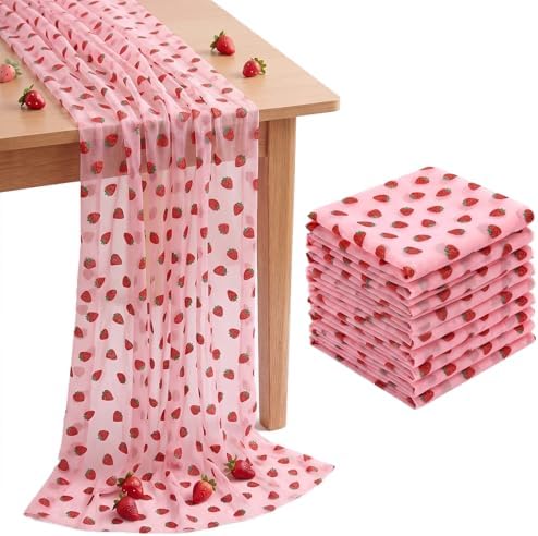 8 Pcs Strawberry Table Runners, 29 x 70 in Pink Glitter Tulle - Image 2