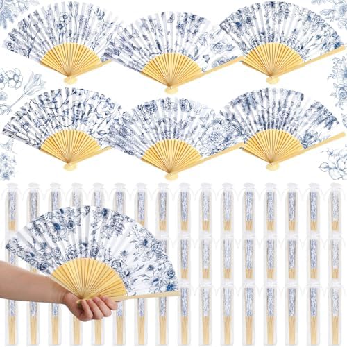Briwooody 30 Set Blue Floral Hand Folding Fans with Organza Bags Bulk Chinoiserie Wedding Favors for Guests Blue and White Paper Fan for Bridal Shower Supplies Bridesmaid Gifts Party Decorations by Briwooody
