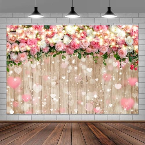 8X6FT Pink Rose Flower Backdrop Birthday Party Decorations Wooden Wall Hearts Photography Background Girls Baby Shower Banner Photo Booth Props Decor - Image 5