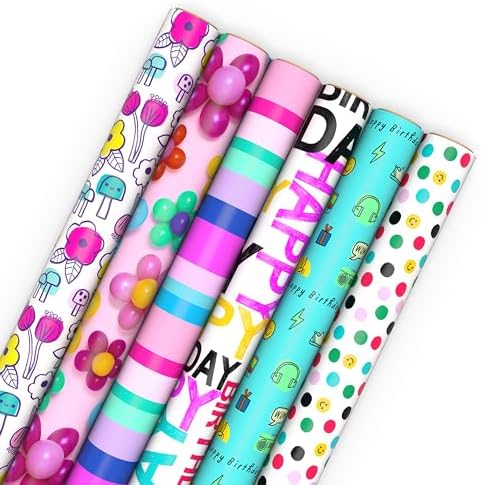 Hallmark Birthday Wrapping Paper Rolls, 6 Rolls (Flowers, Stripes, Dots) by Hallmark