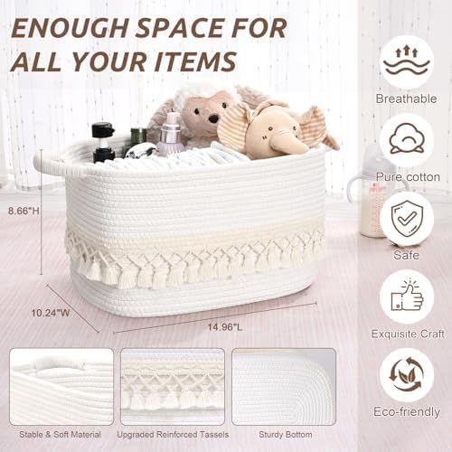 2 Pack Storage Basket for Shelves, Boho Cotton Rope Storage Bins with Heavy Tassel, Shelf Baskets Large Woven Baskets for Organizing, Cube Organizer Bins, Baby Laundry Basket for Clothes, Toys, Pets - Image 4