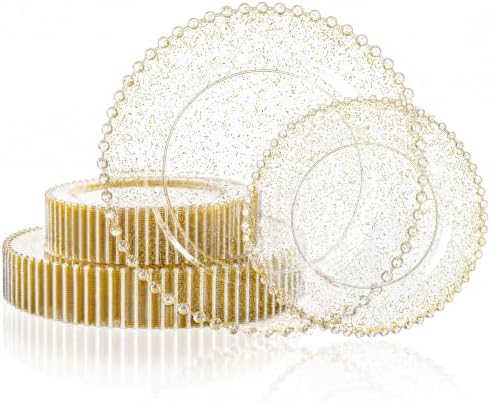 U-QE 60PCS Gold Glitter Plastic Plates, Beaded Plates Disposable Heavy Duty by U-QE