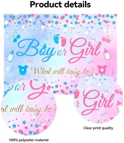 10x8 FT Gender Reveal Boy Or Girl Photo Backdrop He Or She What Will Baby Be Blue Pink Footprints Glitter Dots Star Party Decorations Photography Background Polyester - Image 6