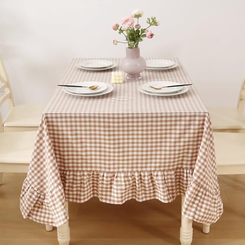 Taupe White Gingham Ruffle Tablecloth Square 60"x60" by KMASANIJI