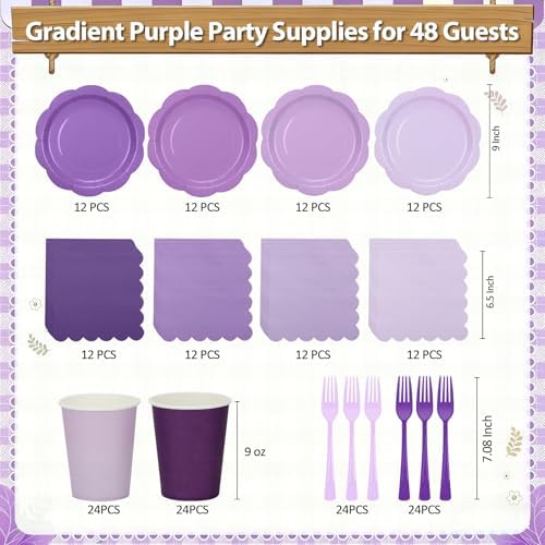 Purple Plates and Napkins Party Supplies, 9’’ Pastel Purple Disposable Paper Plates and Cups and Napkins Set for Baby Shower, Birthday, Wedding Party Decorations Serves 48 - Image 2