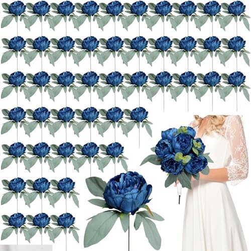 50Pcs Peonies Artificial Flowers Bulk, 4’’ Navy Blue by Scawim