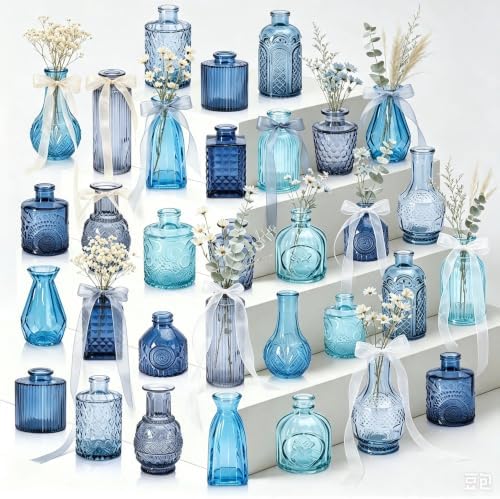 32 PCS Assorted Vintage Bud Vases, Colorful Glass Small Vases Bulk, for Centerpicecs, Wedding Table Decor, Home Decorations & Gifts (Blue Seiris) by Unknown