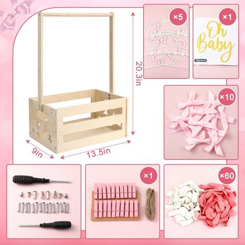 Wooden Baby Shower Crate Closet with Hanger Rack, Pink Bow Baby Gifts Basket with Balloon Accessories, DIY Babies Welcome Box for Pregnancy New Parent - Image 2