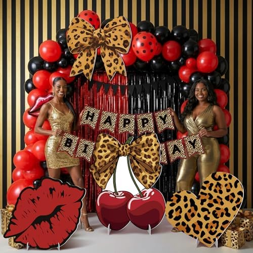 4 Pcs Large Red Cheetah Print Birthday Decoration, Y2k Leopard and Cherry Cardboard Cutout, Red and Black Cherry Cardboard Cutout Backdrop Yard Signs for Girls Women Birthday Party Supplies - Image 2