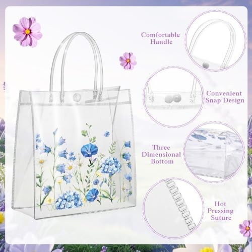 Canchiing 50 Pcs Wildflower Clear Gift Bags with Handles Reusable Spring Flower Treat Bags PVC Gift Wrap Totes for Floral Themed Baby Shower Wedding Birthday Party Favors, 7.9 x 7.9 x 3.1 - Image 3