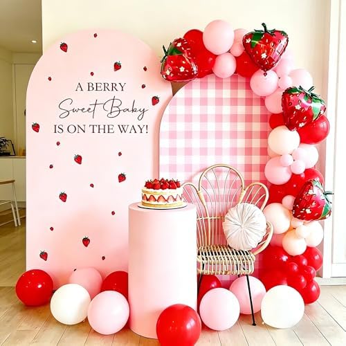 Strawberry Theme Arched Fabric Backdrop Covers Photography Background Pink Plaid Arch Stand Stretchy Covers for Kids ONE Birthday Baby Shower Party Decor Props (4.6x8FT Only Cover) - Image 5