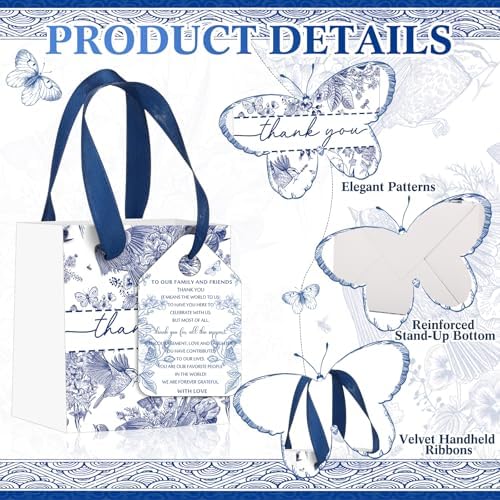 Kolldenn 100 Pack Blue White Chinoiserie Thank You Bags Bulk 4.33x3.94x2.76 Small Floral Paper Bags with Handles and Tags for Wedding Bridal Shower Bachelorette Baby Shower Birthday Party Favors - Image 3