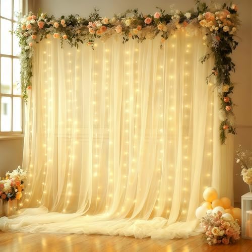 10x10FT Beige Wrinkle Free Backdrop Curtains with Lights String for Parties - Photo Curtain Backdrop with Lights for Wedding Decorations, Bridal Baby Shower Birthday Party Photography Background by WishCare