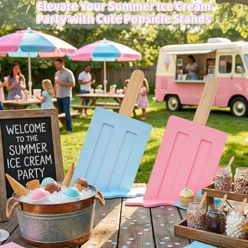 2 Pcs Wooden Ice Cream Sign Ice Cream Pop Party Decorations 20" Ice Lolly Centerpiece Table Sign Macaron Pink Blue Party Decor for Summer Baby Shower Gender Reveal Birthday Supplies - Image 4