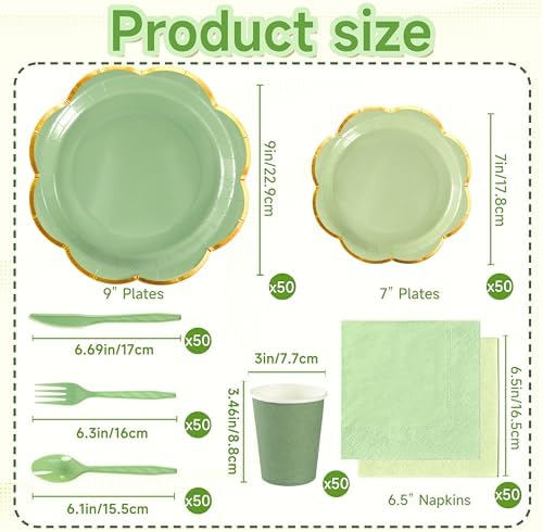 350Pcs Sage Green Paper Plates and Napkins Party Supplies for 50 Guests - Image 3