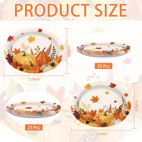 50Pcs Fall Cartoon Pumpkin Large Oval Paper Plates 10" x 12" Heavy Duty - Image 2