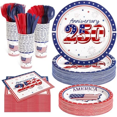 400 Pcs Disposable 250th Anniversary 4th of July Tableware Set for 50 Guest by COSINIA