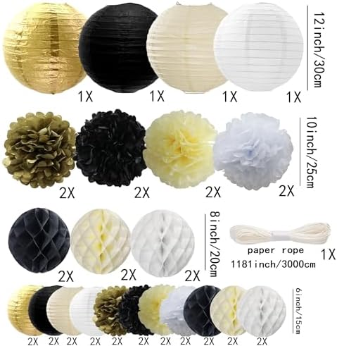 WOLHOWLTD Black Gold White Paper Decoration Set - 40Pcs Paper Lanterns, Pompoms, Honeycomb for Wedding,Retirement, Birthday, Graduation, Engagement,New Year Home Decoration(Gold Black Beige White) - Image 2