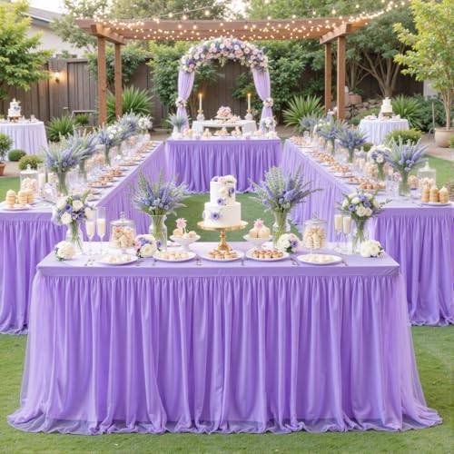 Purple Table Cloth Spandex Table Covers 8ft Fitted Tulle Tablecloth Rectangular Desk Skirt Stretch Lavender Lilac Table Cloths Covers Party Banquet Birthday Baby Shower Wedding Table Cloth, 2 Pack - Image 4