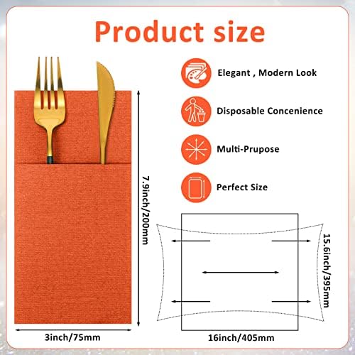 Cindeer 150 Pcs Orange Linen Dinner Napkins with Built in Flatware - Image 2