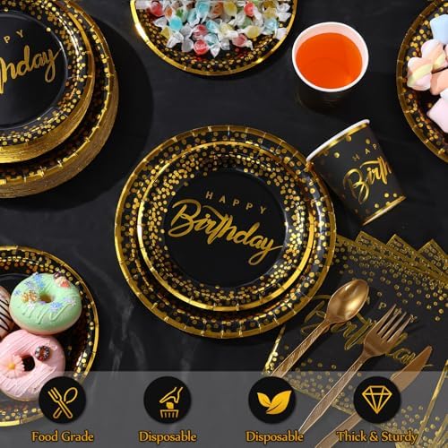 352 Pcs Black and Gold Party Dinnerware Set for 50 Guests Golden Dot Paper Plates Cups Napkins Plastic Tablecloths Forks Knives Spoons Black Gold Disposable Party Supplies for Birthday Decorations - Image 3